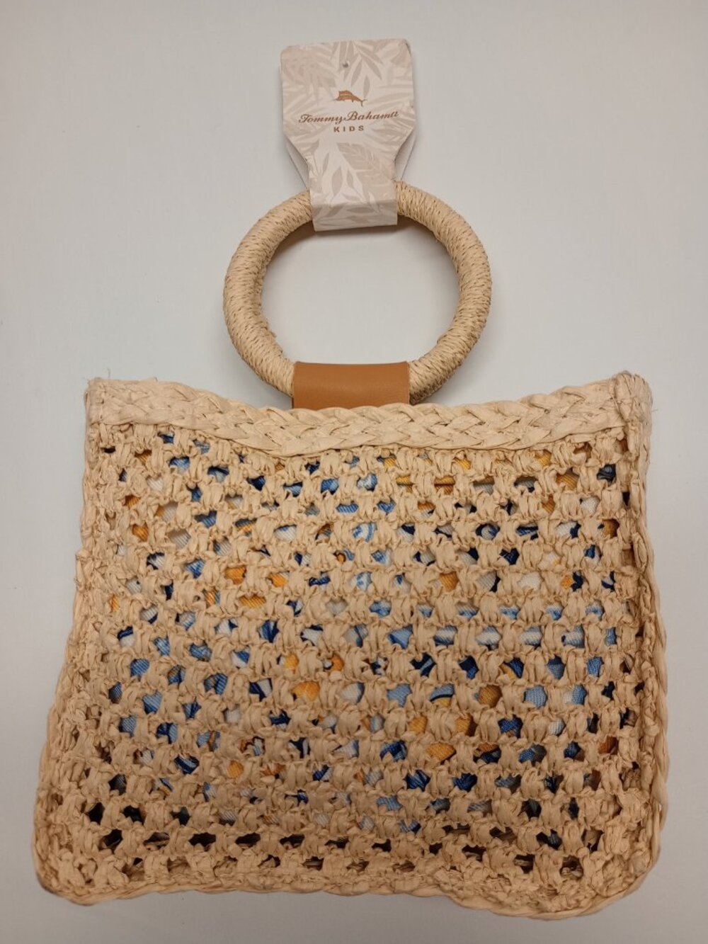 Tommy Bahama Kids Straw Top Handle Bag with Blue Yellow Floral Lining NWT